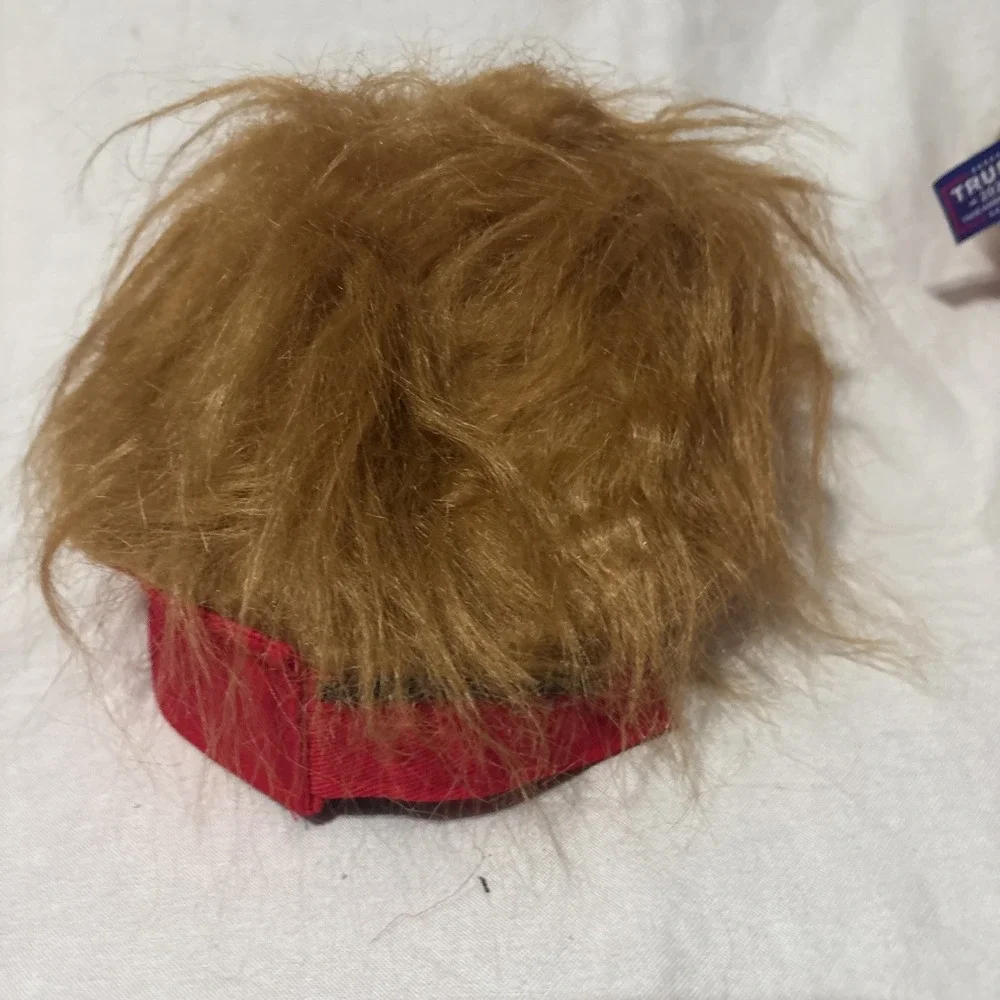 Lot Of 2 President Donald TRUMP Red Trumpy Visor Hat w/Gold Hair Golf Cap Wig